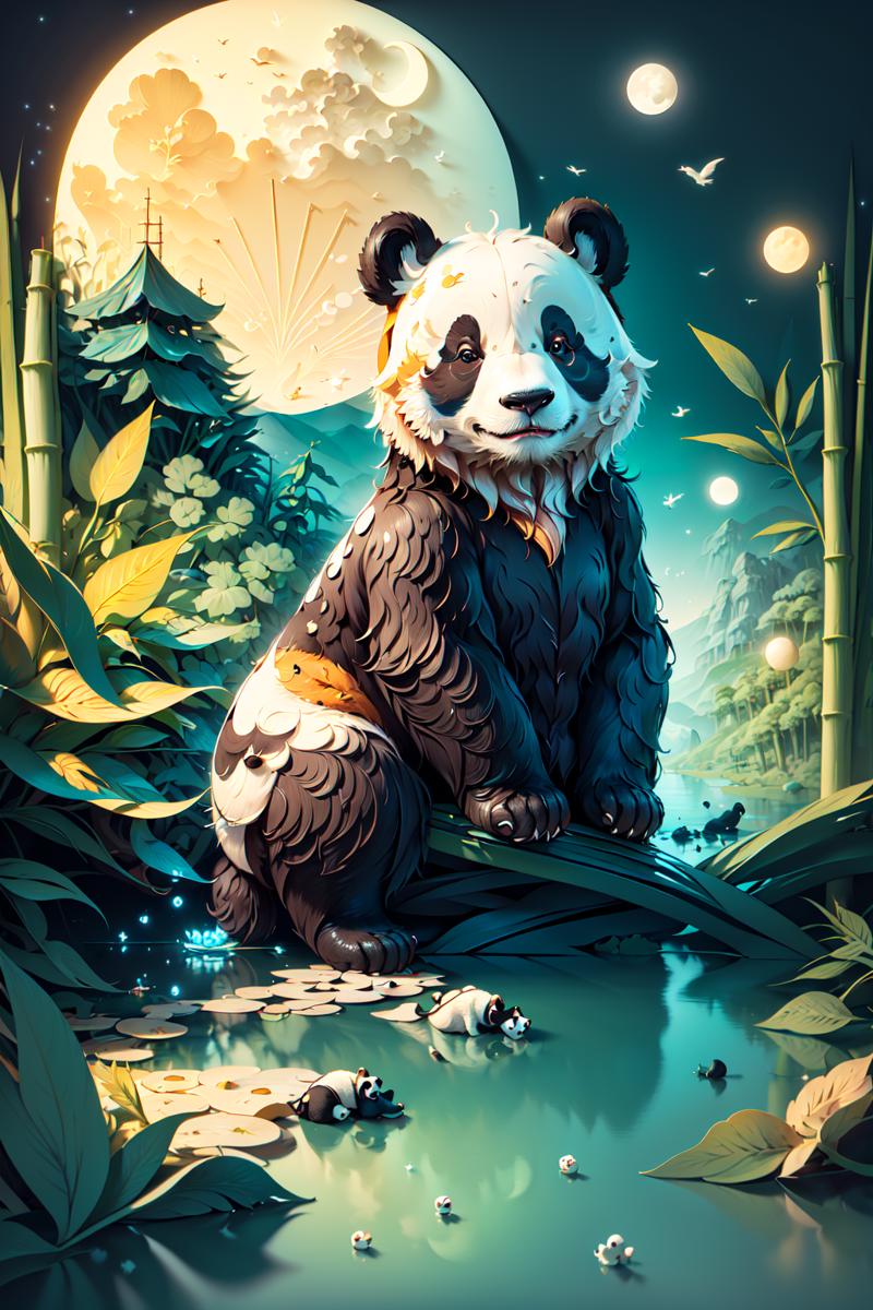 02276-1132706695-(((masterpiece))),bestquality,illustration,beautifuldetailedglow,paper_cut,,(Panda),tree,moon,rendered eyes,(Bamboo),river,.png